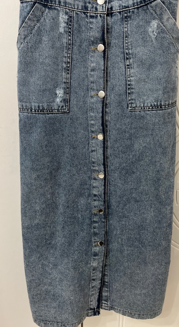 Düğmeli Gri Mavi Denim Midi Salopet - Görsel 3