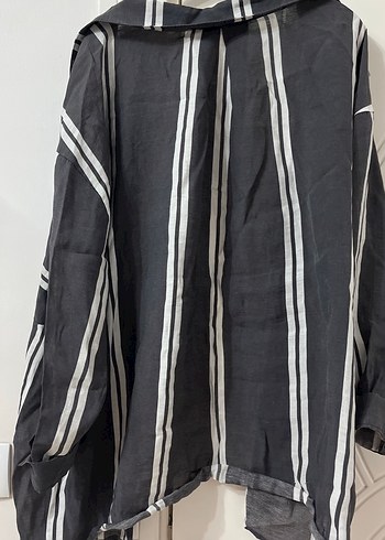 Gri Çizgili Düğmeli Kadın Keten Gömlek - Görsel 3