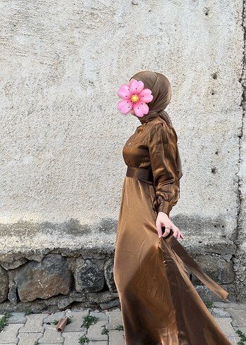 Uzun Kahverengi Bohem Tesettür Elbise - Görsel 3
