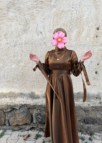 Uzun Kahverengi Bohem Tesettür Elbise - Görsel 4