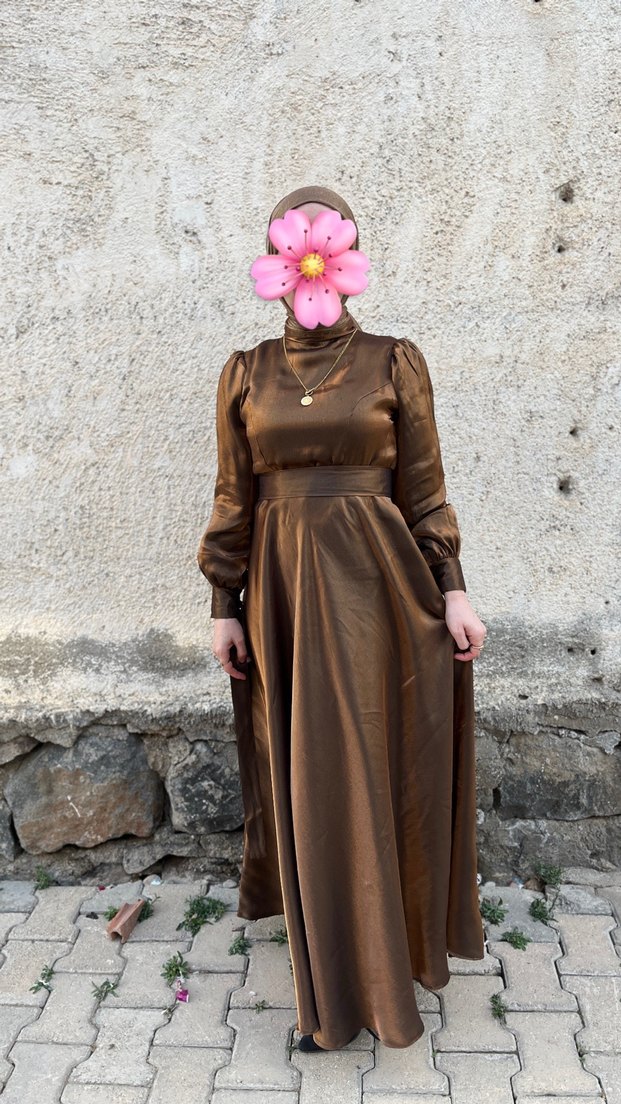 Uzun Kahverengi Bohem Tesettür Elbise - Görsel 2