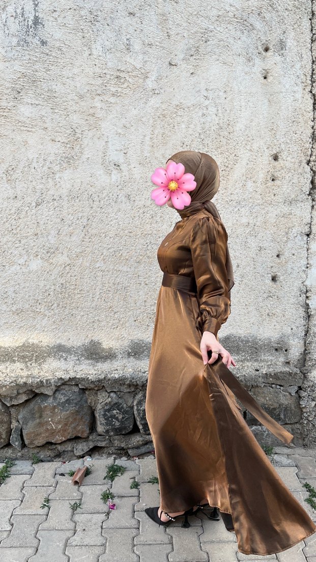Uzun Kahverengi Bohem Tesettür Elbise - Görsel 3