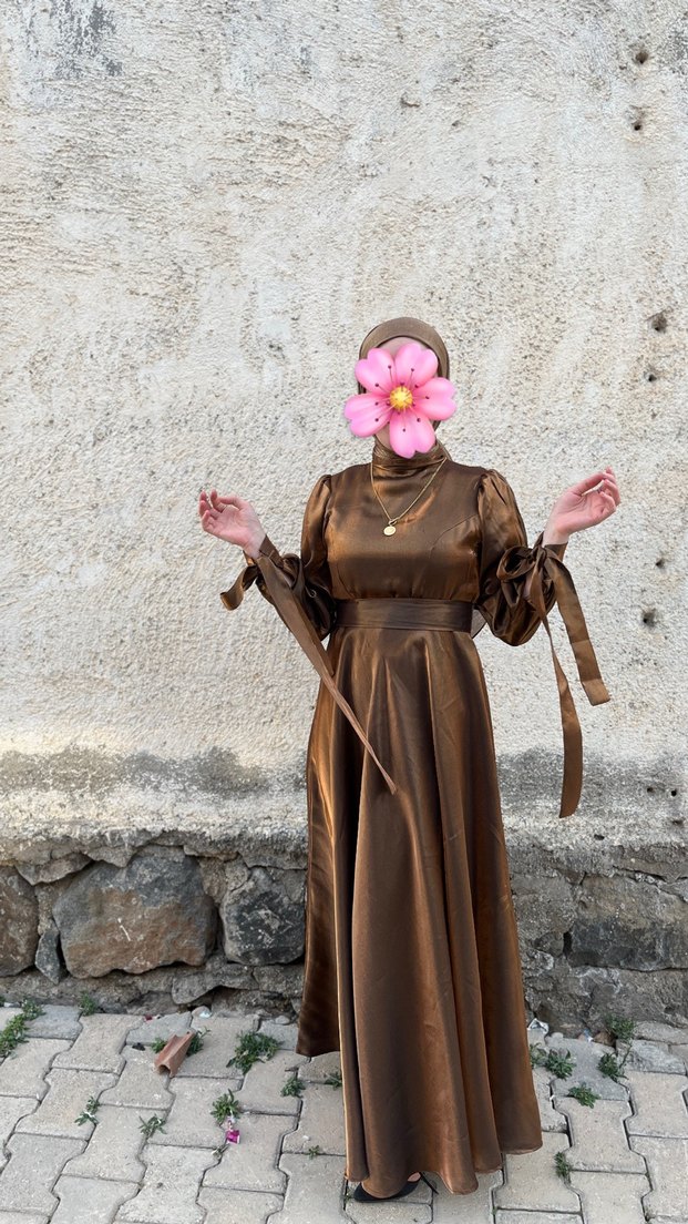 Uzun Kahverengi Bohem Tesettür Elbise - Görsel 4