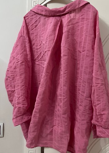 Düğmeli Pembe Keten Kadın Gömlek - Görsel 3