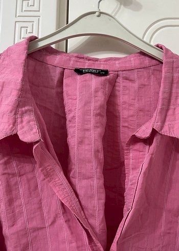 Düğmeli Pembe Keten Kadın Gömlek - Görsel 2