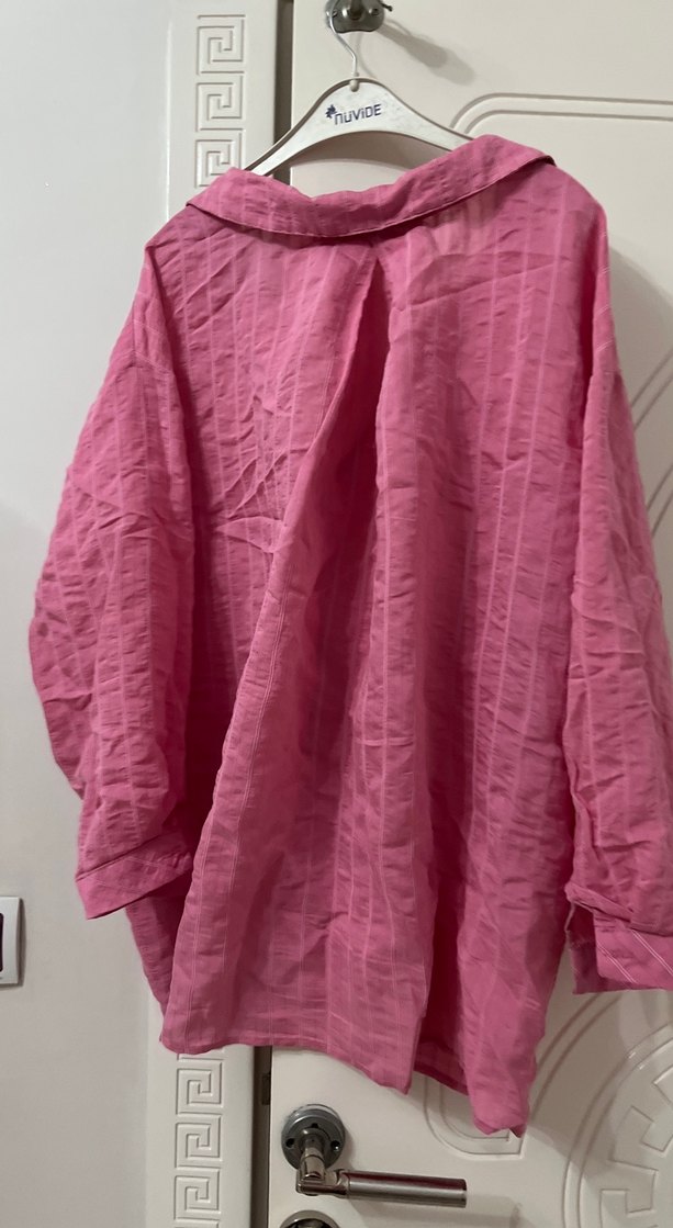 Düğmeli Pembe Keten Kadın Gömlek - Görsel 3