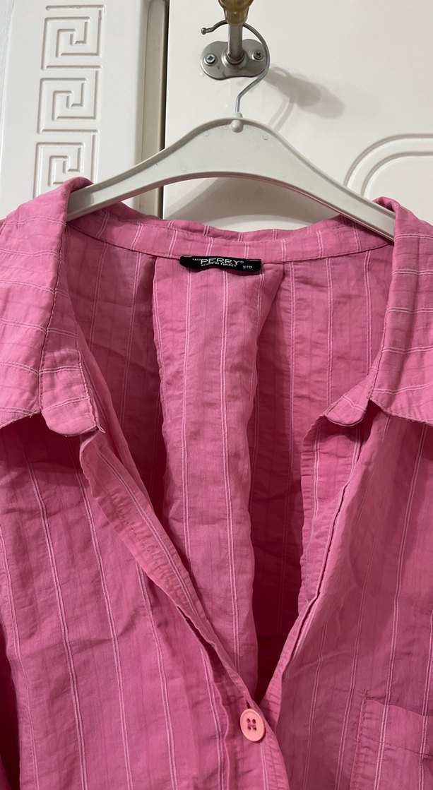 Düğmeli Pembe Keten Kadın Gömlek - Görsel 2