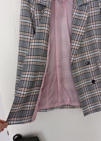 Diğer Gri Ekose Desenli Düğmeli Kadın Blazer