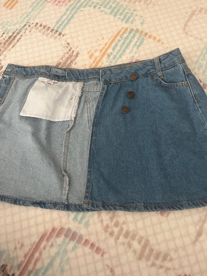 Düğmeli Mavi Kot Mini Etek - Görsel 2