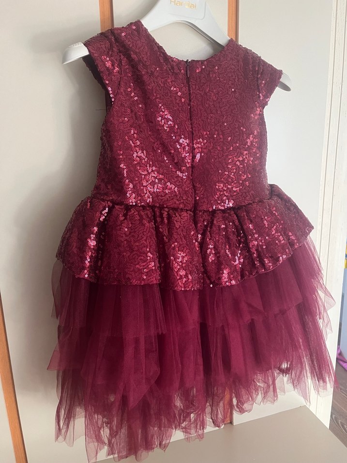 Kız Çocuk Bordo Parlak Fırfırlı Elbise - Görsel 2