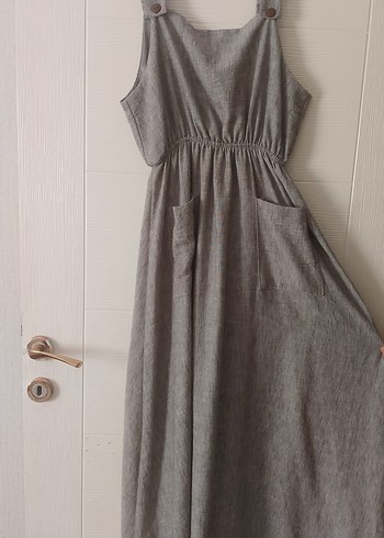 Gri Keten Midi Salaş Elbise - Görsel 2