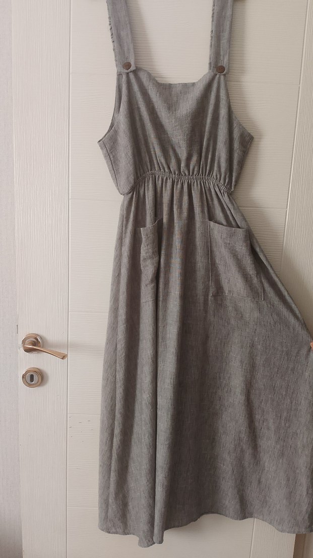 Gri Keten Midi Salaş Elbise - Görsel 2