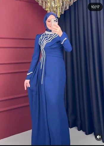 Mavi İşlemeli Uzun Kollu Abiye Elbise - Görsel 2