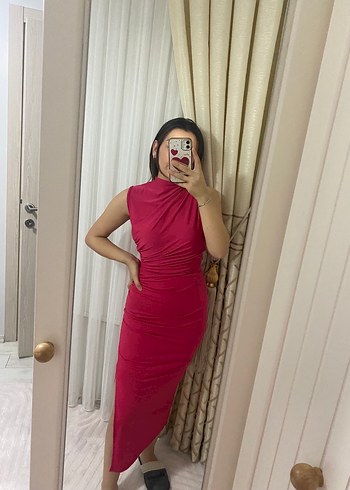 Pembe Drapeli Midi Uzun Elbise - Görsel 2