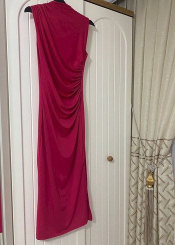 Pembe Drapeli Midi Uzun Elbise - Görsel 3