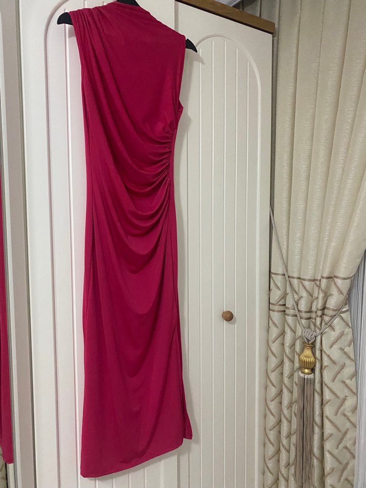 Pembe Drapeli Midi Uzun Elbise - Görsel 3