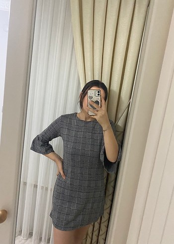 Gri Kareli Midi Street Wear Elbise - Görsel 2