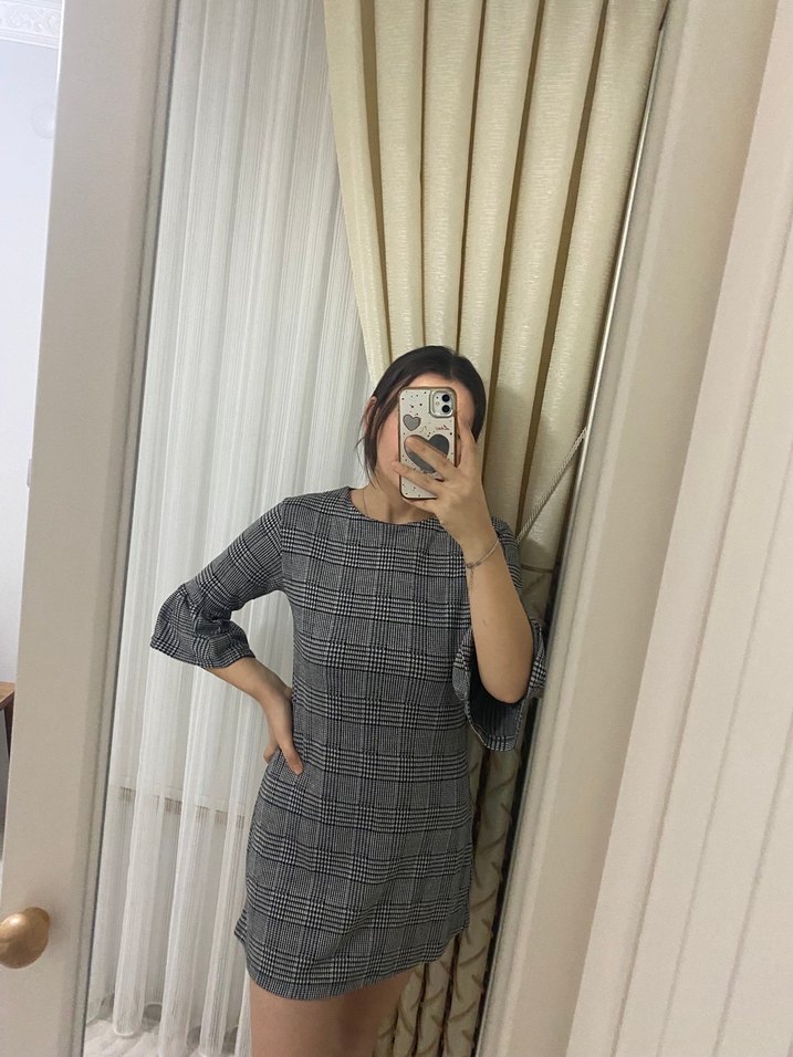 Gri Kareli Midi Street Wear Elbise - Görsel 2