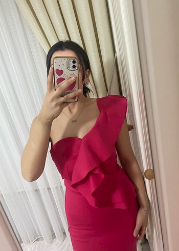 Pembe Straplez Fırfırlı Midi Kalem Elbise - Görsel 2