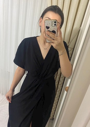 Siyah V Yaka Uzun Salaş Kadın Elbise - Görsel 2