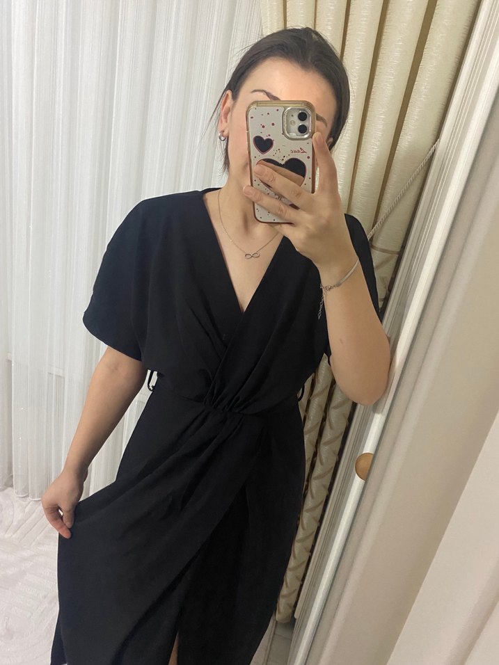 Siyah V Yaka Uzun Salaş Kadın Elbise - Görsel 2