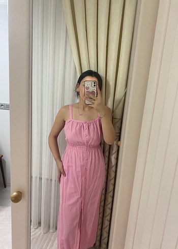 Pembe Midi Keten Elbise, Askılı, Straplez - Görsel 2