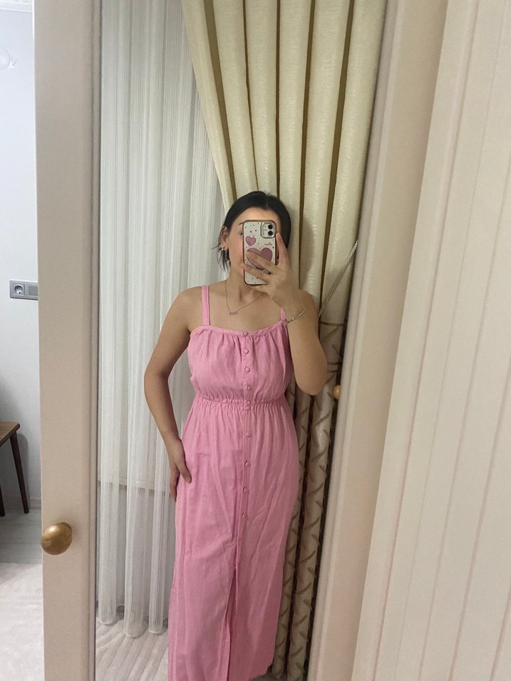 Pembe Midi Keten Elbise, Askılı, Straplez - Görsel 2