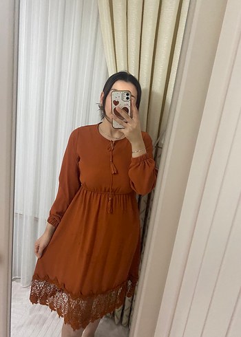 Dantel Detaylı Kahverengi Bohem Midi Elbise - Görsel 2