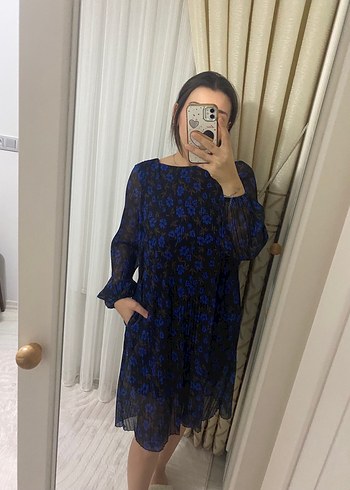 Mavi Transparan Uzun Kollu Midi Elbise - Görsel 3