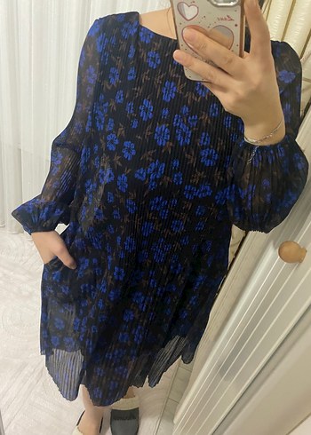 Mavi Transparan Uzun Kollu Midi Elbise - Görsel 2