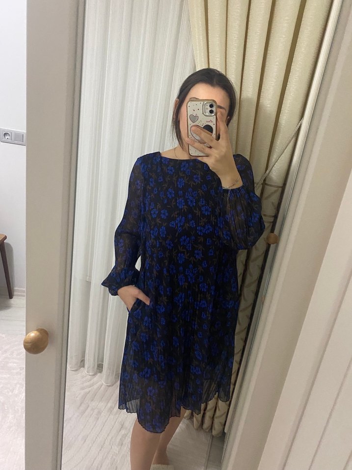 Mavi Transparan Uzun Kollu Midi Elbise - Görsel 3