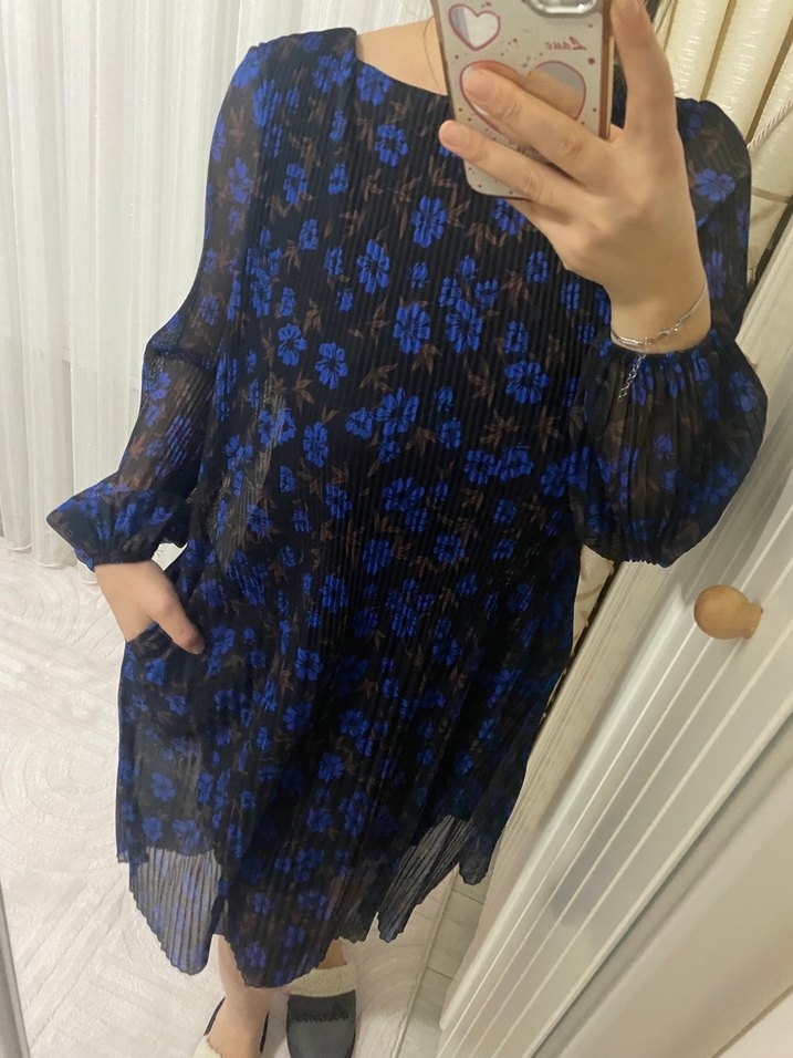 Mavi Transparan Uzun Kollu Midi Elbise - Görsel 2