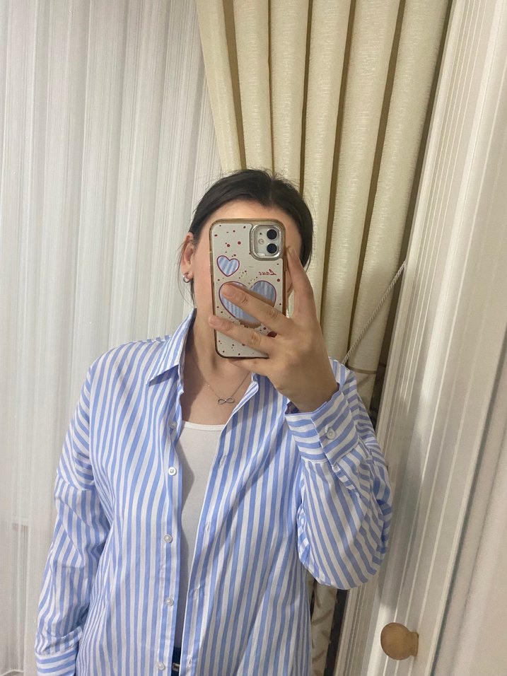 Mavi Çizgili Kadın Denim Gömlek - Görsel 2