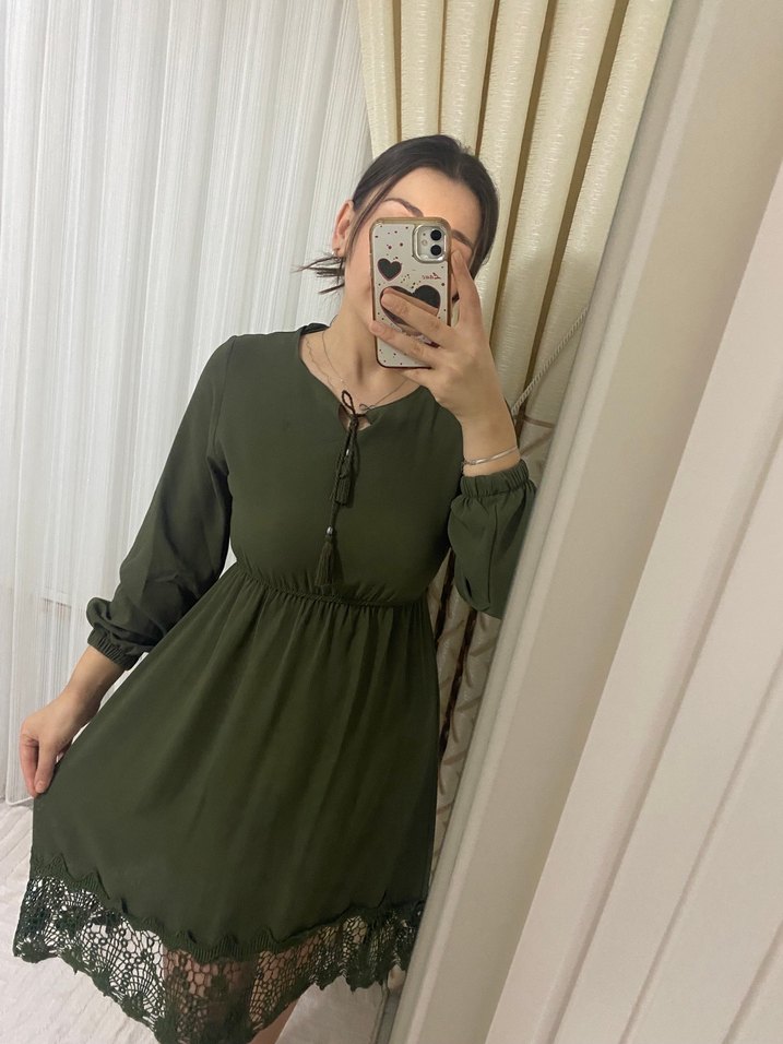 Kadın Haki Uzun Kollu Dantel Detaylı Elbise - Görsel 2