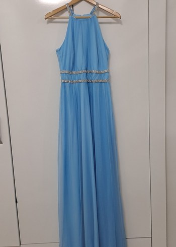 Bebek mavisi halter yaka abiye elbise - Görsel 3