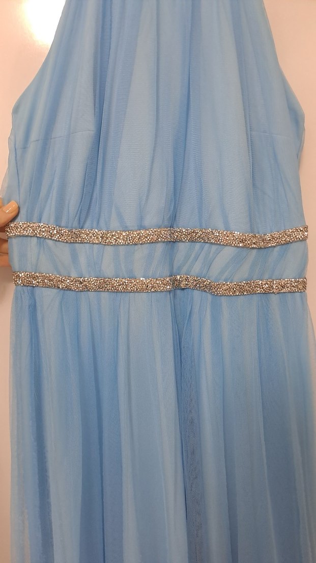 Bebek mavisi halter yaka abiye elbise - Görsel 4