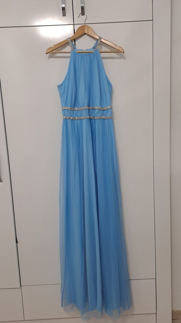 Bebek mavisi halter yaka abiye elbise - Görsel 3