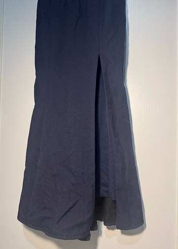 Lacivert Saten Uzun Elbise, Yırtmaçlı, Kolsuz - Görsel 2