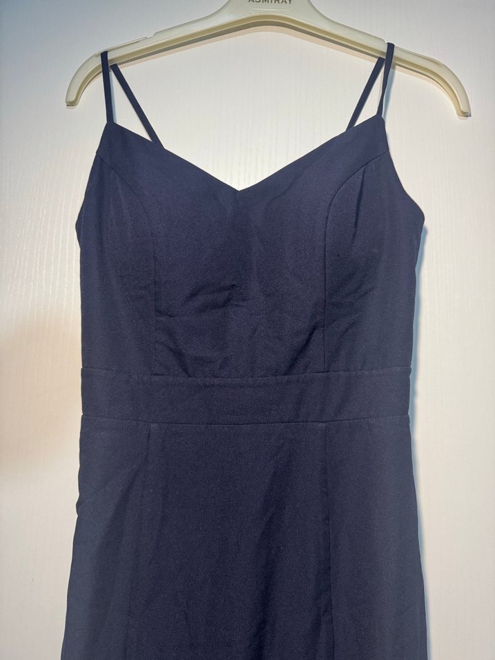 Lacivert Saten Uzun Elbise, Yırtmaçlı, Kolsuz - Görsel 3