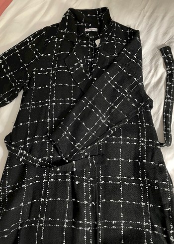 Düğmeli Siyah Kareli Kadın Uzun Kaban - Görsel 2