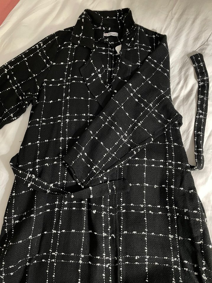 Düğmeli Siyah Kareli Kadın Uzun Kaban - Görsel 2