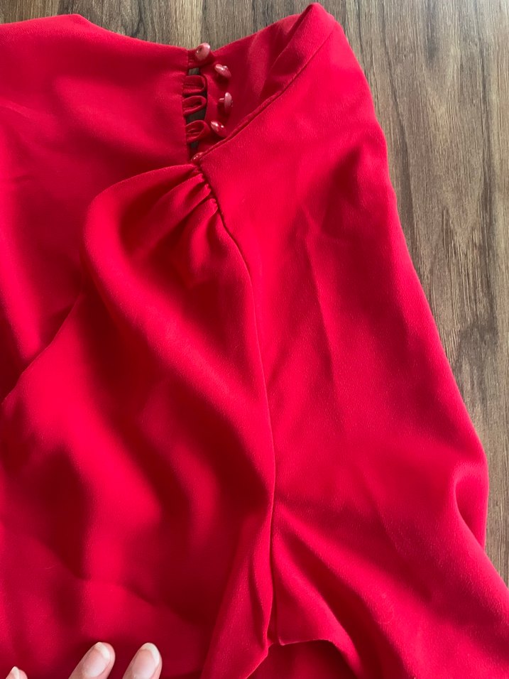 Kırmızı Parlak Uzun Kollu Kadın Gömlek - Görsel 4