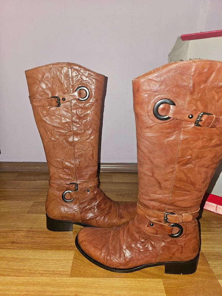 Kahverengi Deri Dizüstü Tokalı Topuklu Çizme - Görsel 4