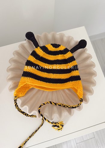 Sarı Siyah Çizgili Örgü Çocuk Bere - Görsel 3