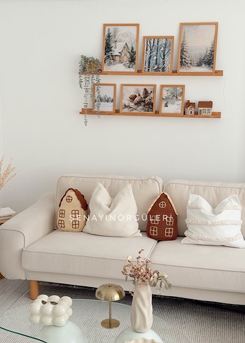 Nakışlı Kahverengi ve Gri Ev Şeklinde Yastık - Görsel 5