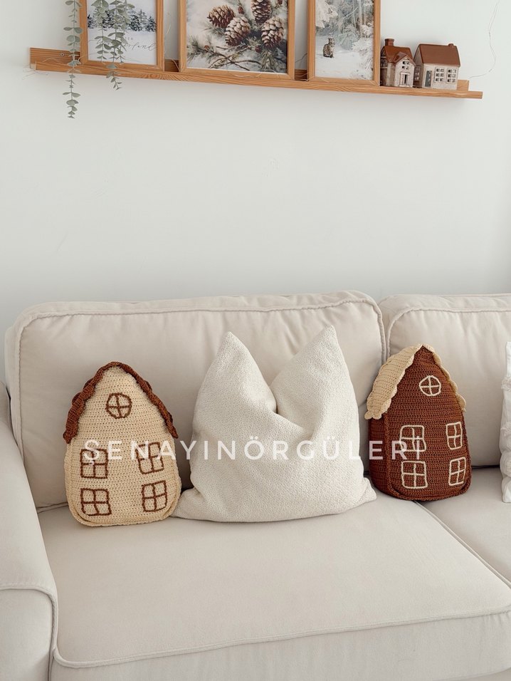 Nakışlı Kahverengi ve Gri Ev Şeklinde Yastık - Görsel 4