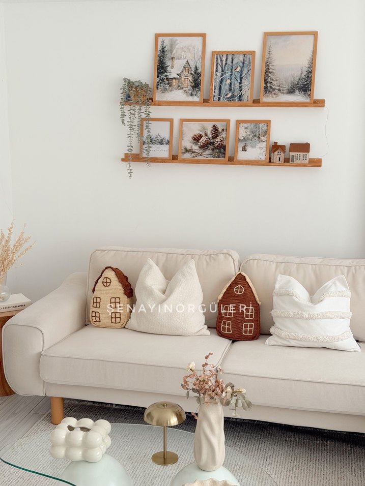 Nakışlı Kahverengi ve Gri Ev Şeklinde Yastık - Görsel 5