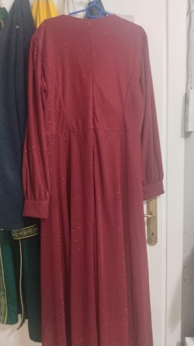 Bordo Nakışlı Uzun Kollu Elbise - Görsel 2