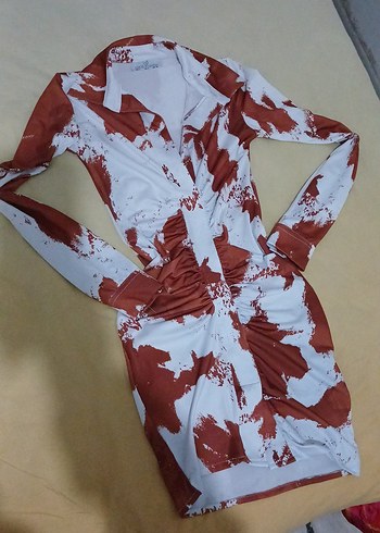 Kahverengi Batik Desenli Drapeli Mini Elbise
