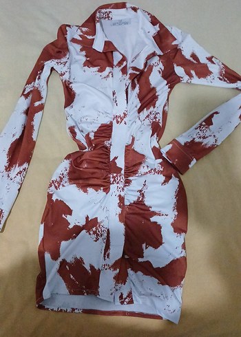 Kahverengi Batik Desenli Drapeli Mini Elbise - Görsel 2